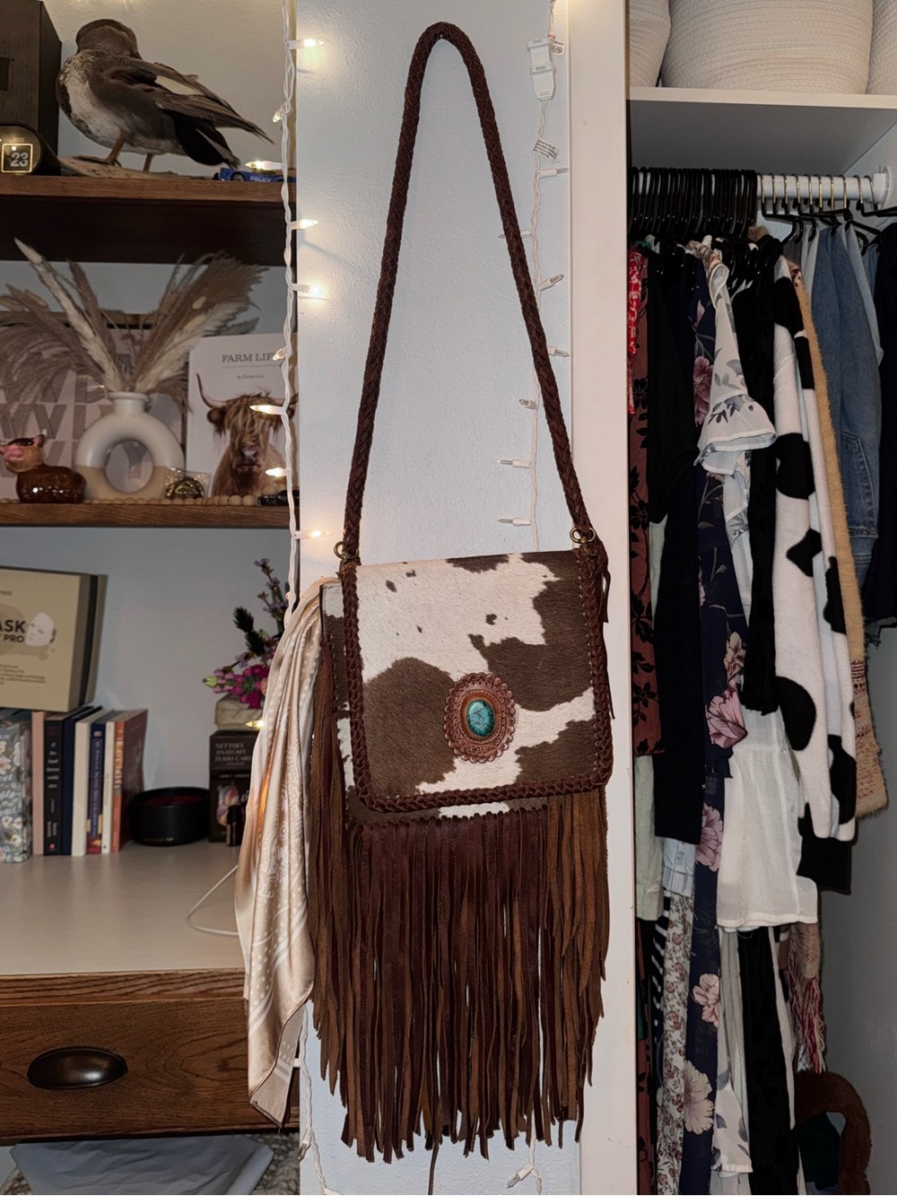American Darling Brown and White Cowhide Fringe Crossbody with Turquoise Accent